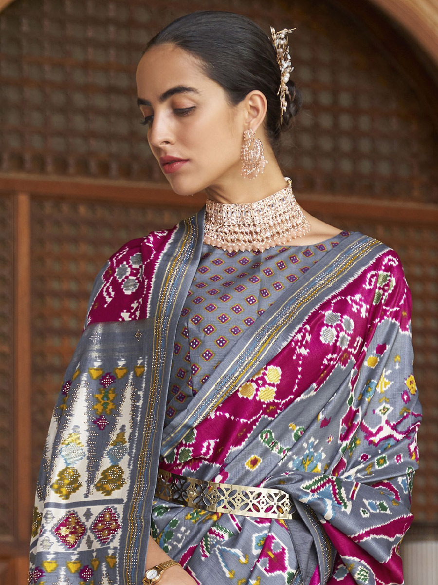 Davys Grey Patola Silk Festival Printed Saree