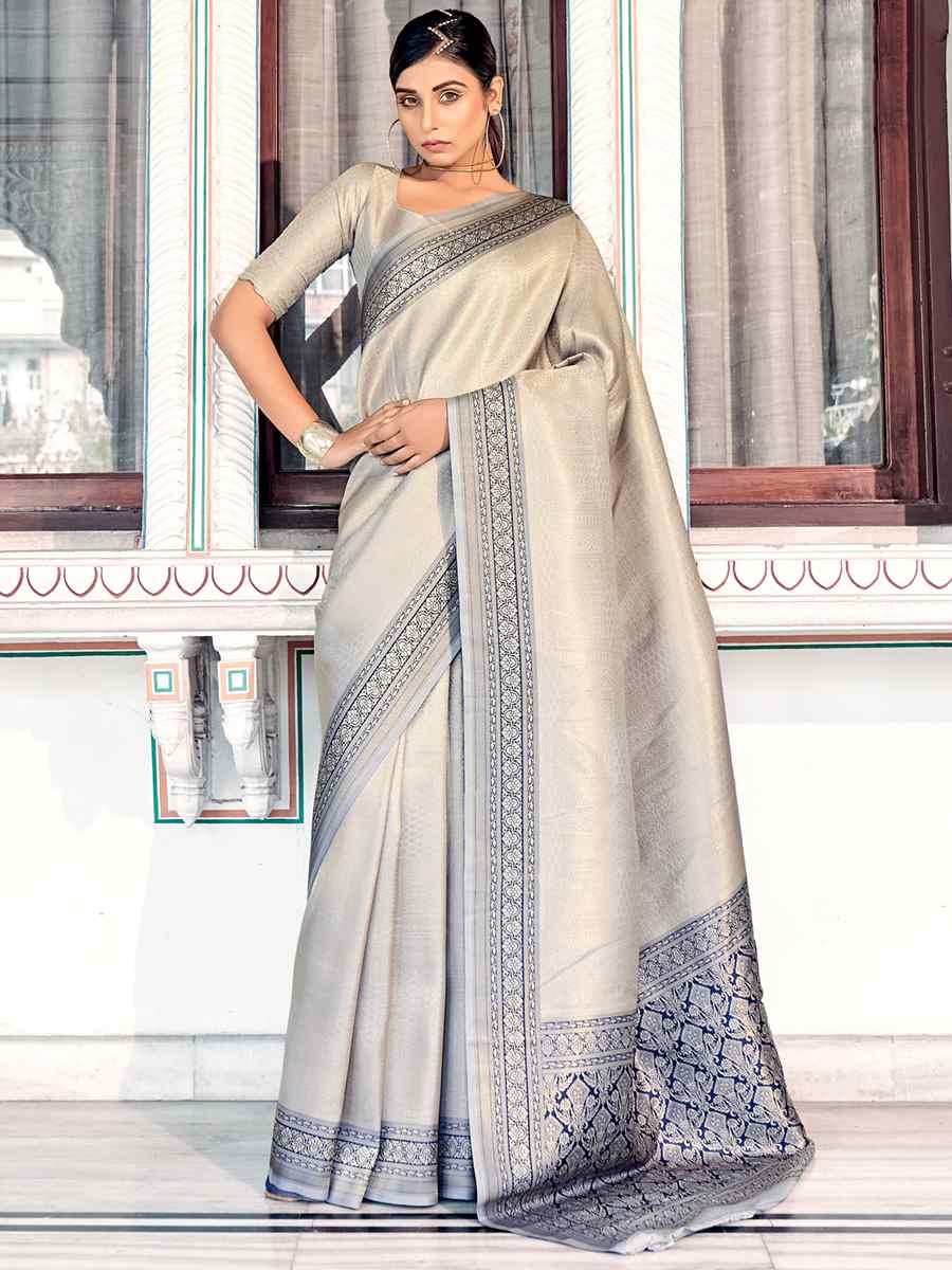 Dawn Grey Kanjivaram Silk Handwoven Casual Festival Heavy Border Saree