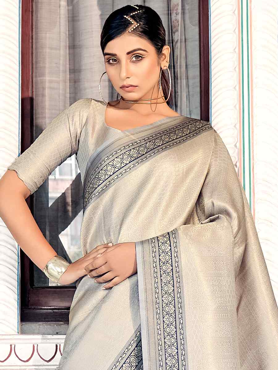 Dawn Grey Kanjivaram Silk Handwoven Casual Festival Heavy Border Saree