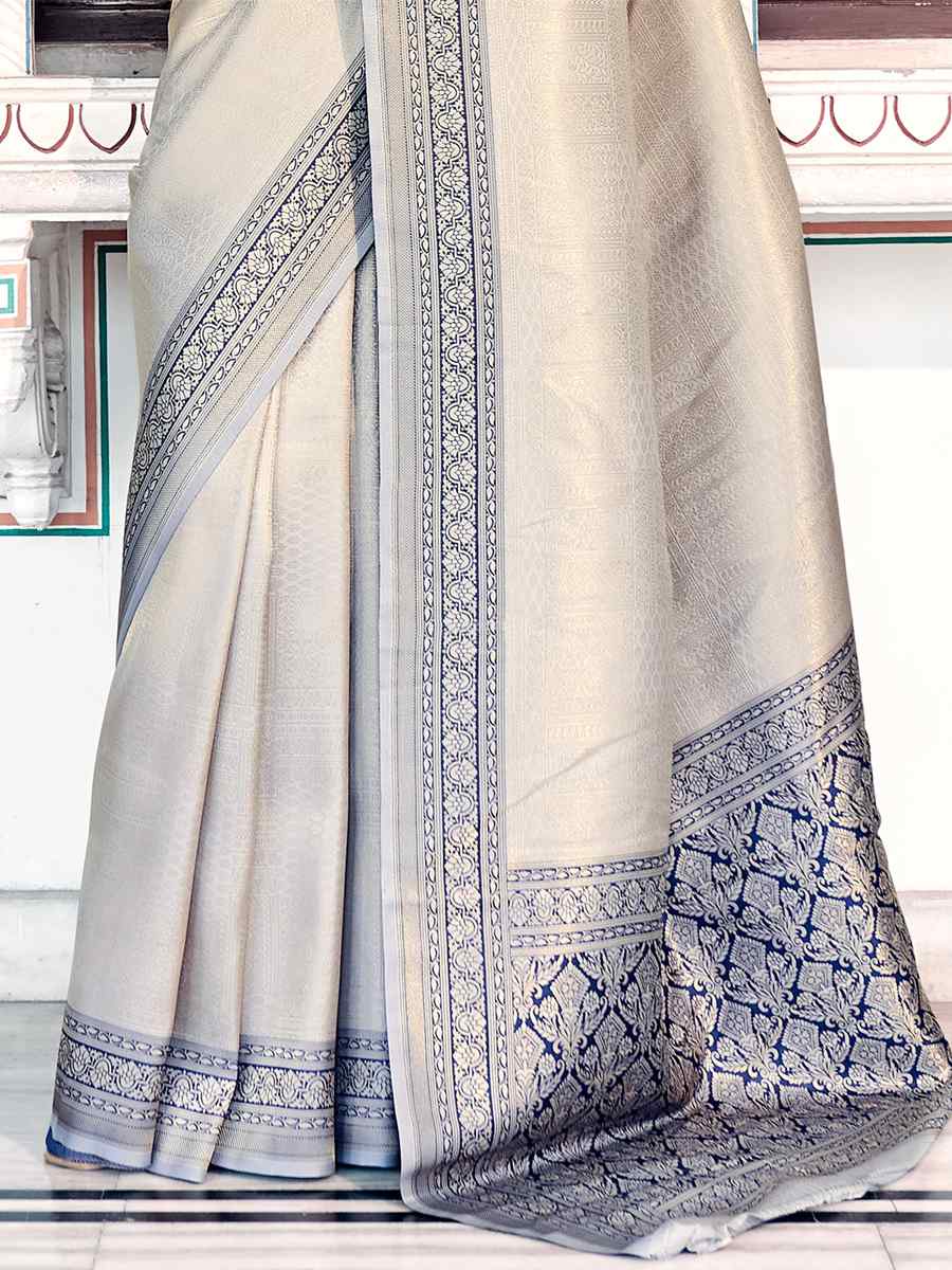 Dawn Grey Kanjivaram Silk Handwoven Casual Festival Heavy Border Saree