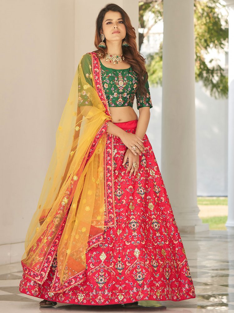 Deep Cerise Red Silk Embroidered Wedding Lehenga Choli