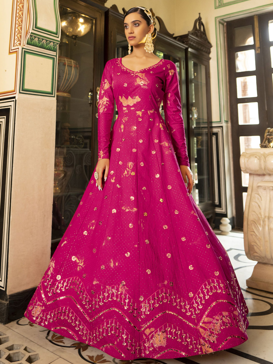Deep Fuchsia Pink Cotton Embroidered Party Gown