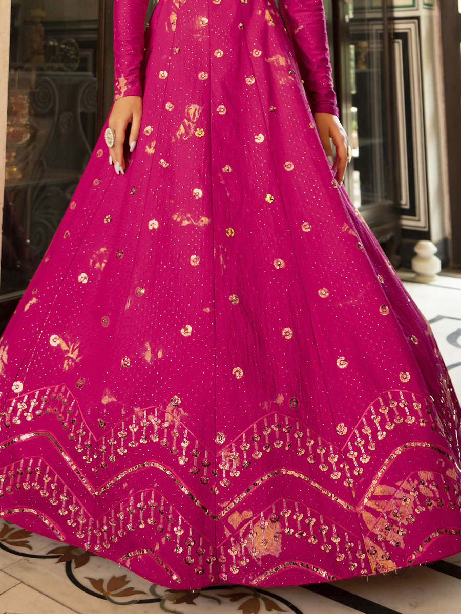 Deep Fuchsia Pink Cotton Embroidered Party Gown