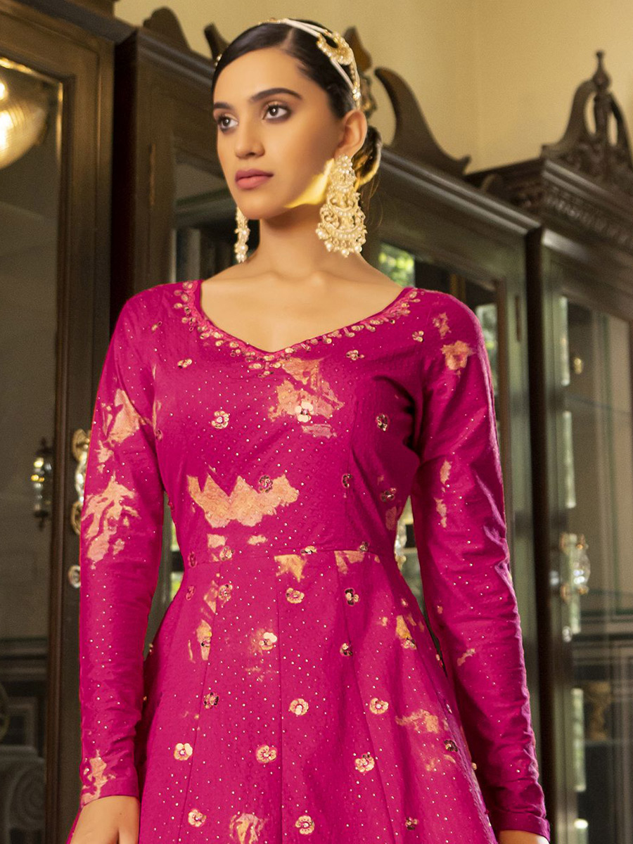 Deep Fuchsia Pink Cotton Embroidered Party Gown