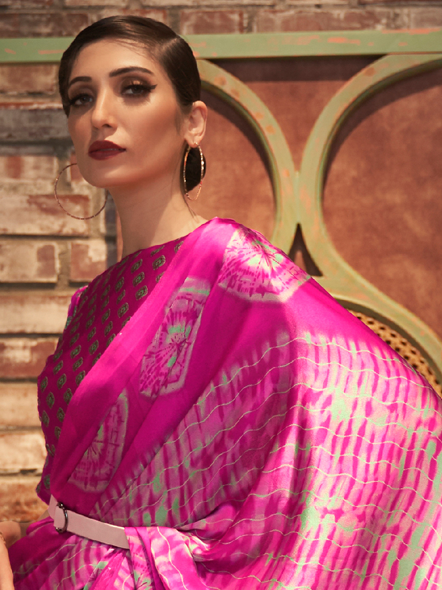 Deep Fuchsia Pink Crepe Festival Printed Saree