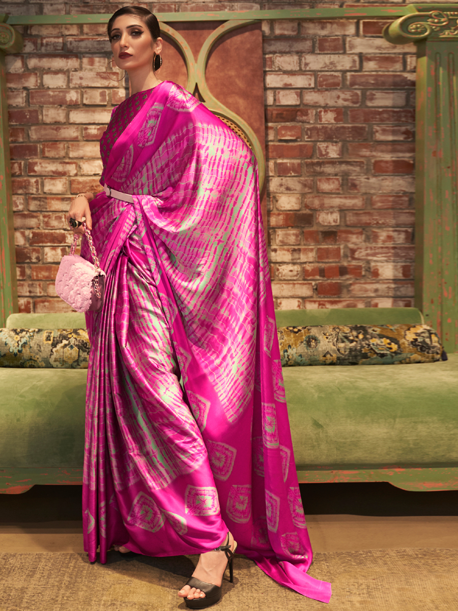 Deep Fuchsia Pink Crepe Festival Printed Saree