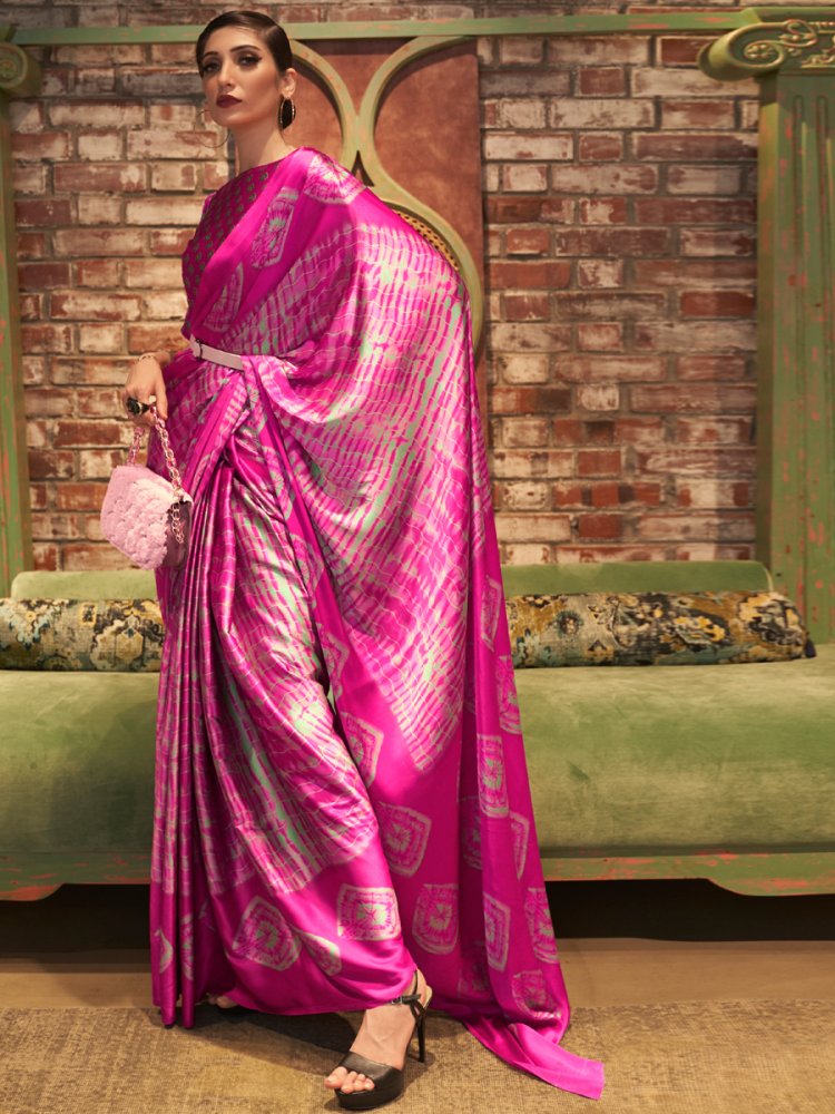 Deep Fuchsia Pink Crepe Festival Printed Saree