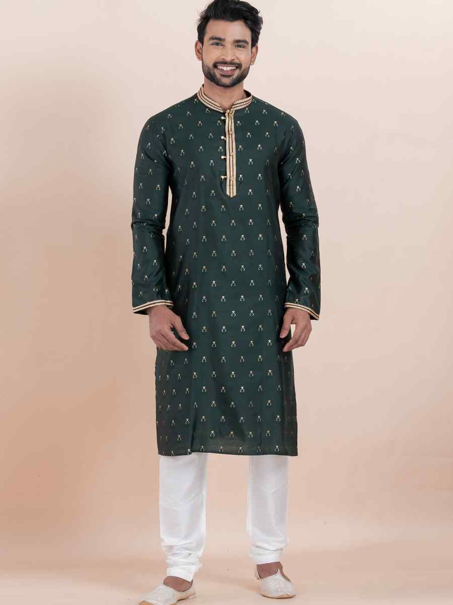 Deep Green Cotton Silk Jacquard Embroidered Festival Wedding Kurta Pyjama Men039s Wear