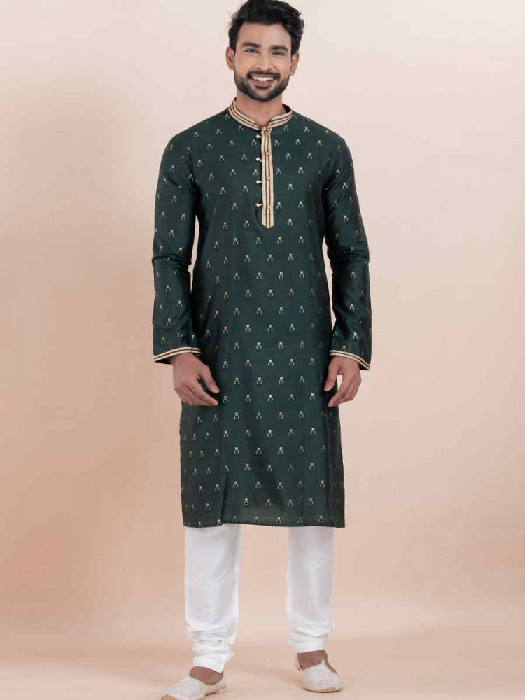 Deep Green Cotton Silk Jacquard Embroidered Festival Wedding Kurta Pyjama Men&#039;s Wear