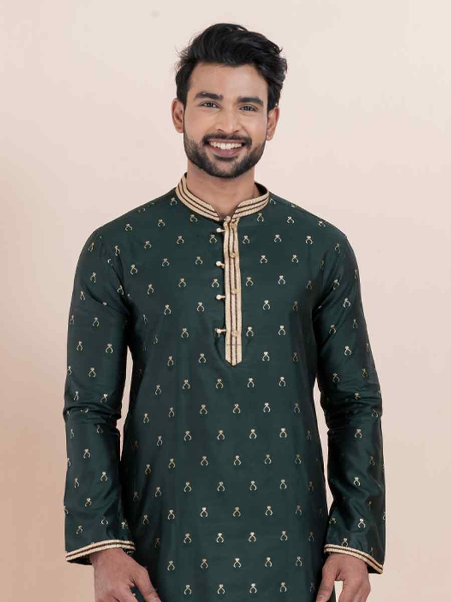 Deep Green Cotton Silk Jacquard Embroidered Festival Wedding Kurta Pyjama Men039s Wear