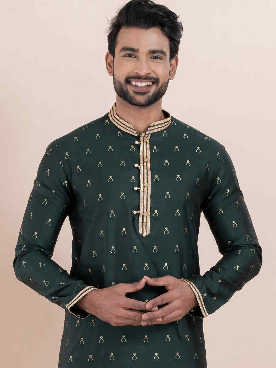 Deep Green Cotton Silk Jacquard Embroidered Festival Wedding Kurta Pyjama Men039s Wear