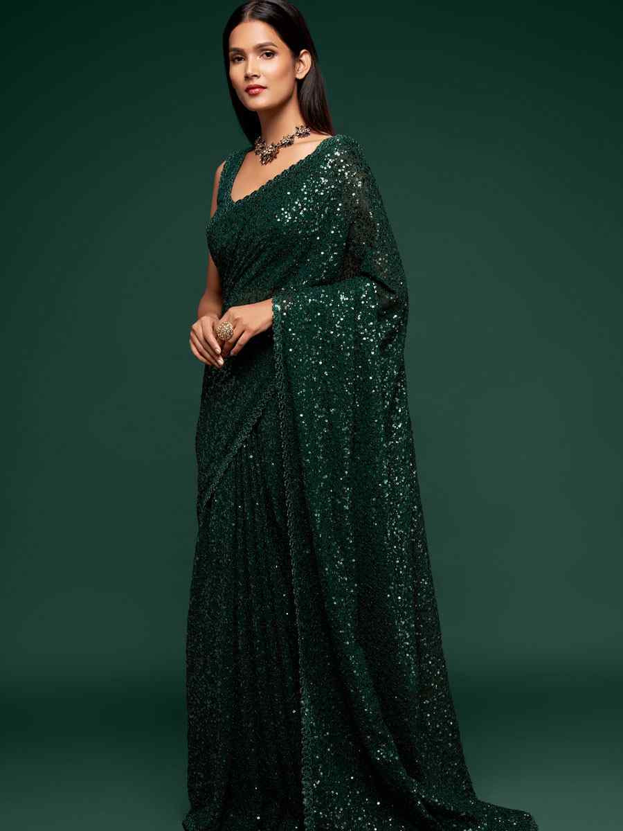 Deep Green Georgette Embroidery Festival Wedding Fancy Heavy Border Saree
