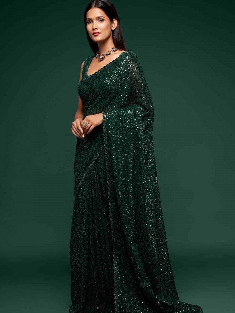 Image of Deep Green Georgette Embroidery Festival Wedding Fancy Heavy Border Saree