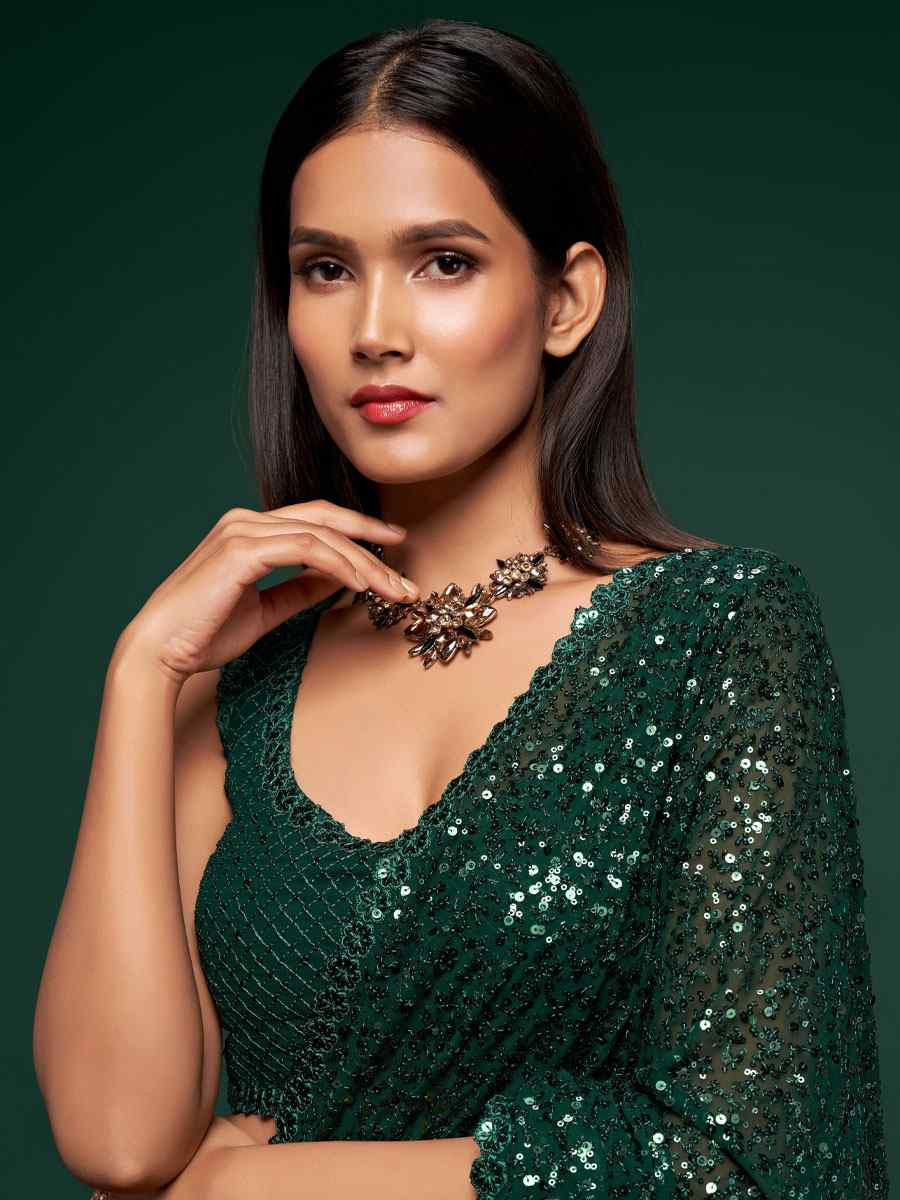 Deep Green Georgette Embroidery Festival Wedding Fancy Heavy Border Saree