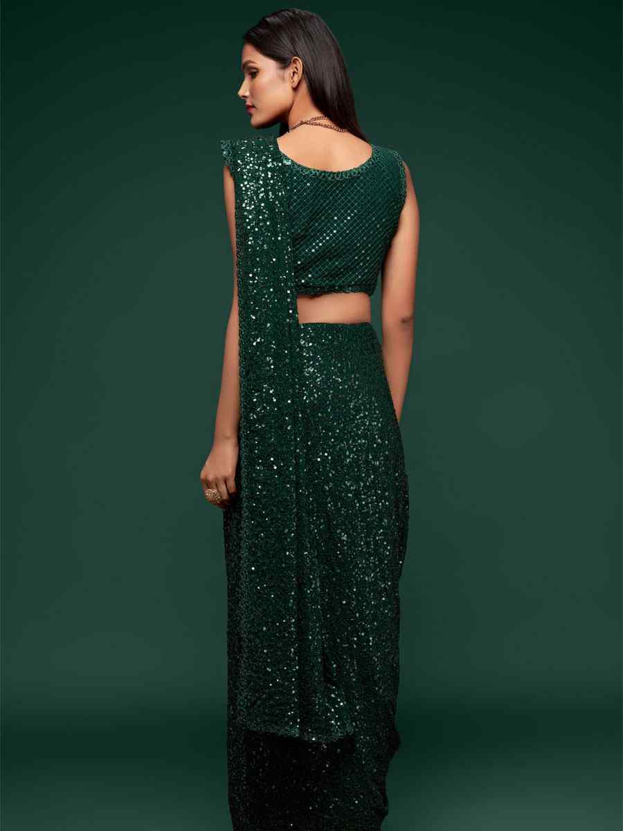 Deep Green Georgette Embroidery Festival Wedding Fancy Heavy Border Saree