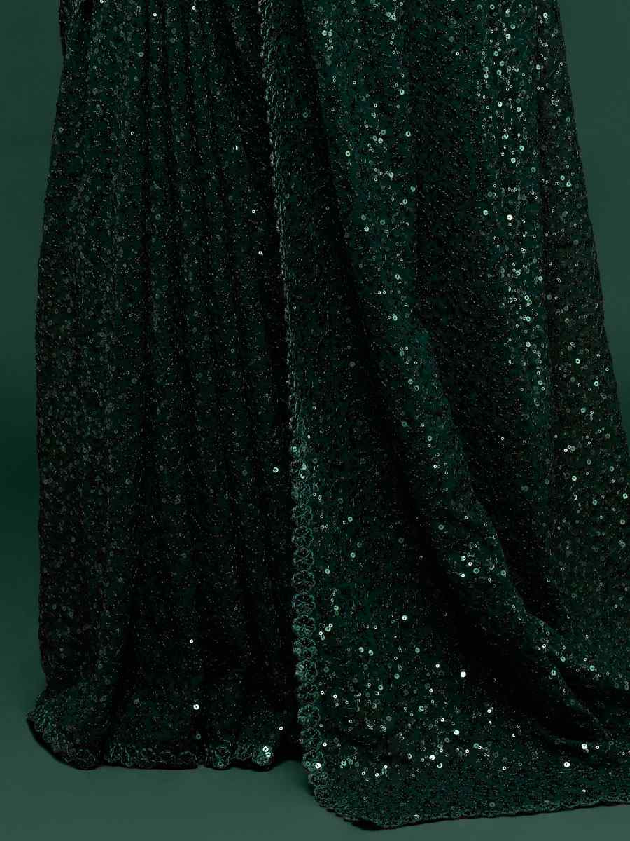 Deep Green Georgette Embroidery Festival Wedding Fancy Heavy Border Saree