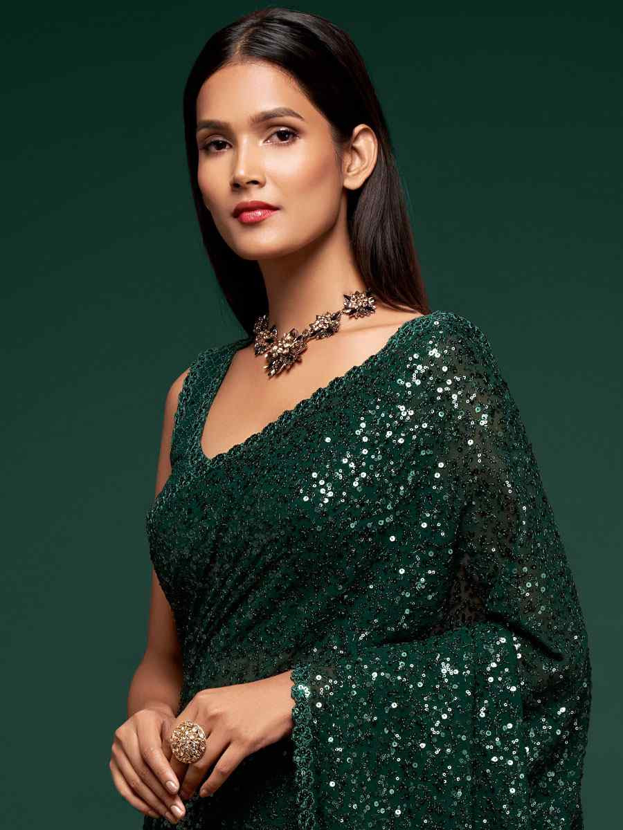 Deep Green Georgette Embroidery Festival Wedding Fancy Heavy Border Saree