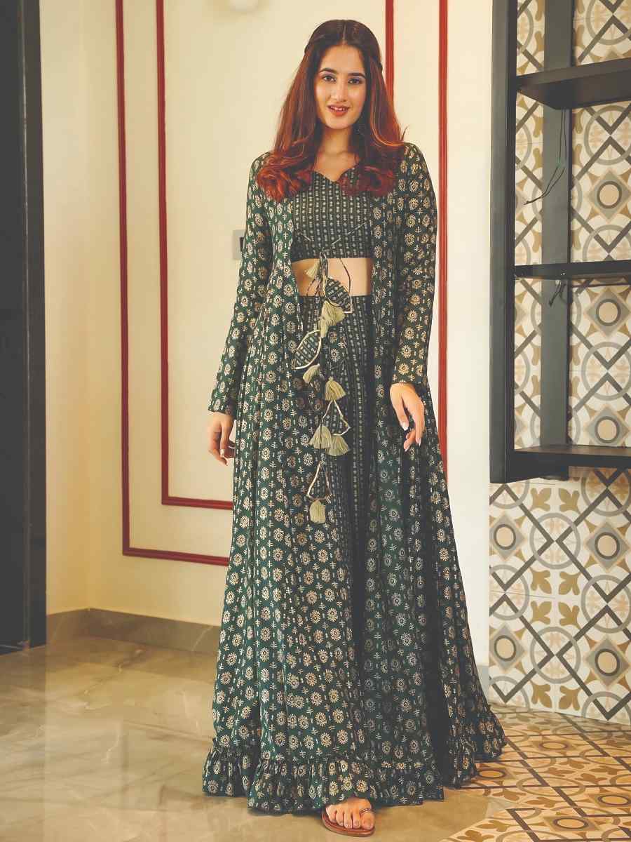 Deep Green Muslin Embroidered Festival Casual Ready Palazzo Pant Salwar Kameez