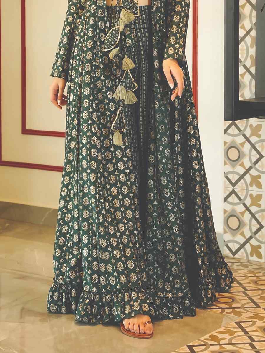 Deep Green Muslin Embroidered Festival Casual Ready Palazzo Pant Salwar Kameez