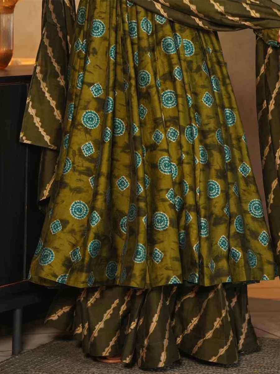 Deep Green Pure Muslin Printed Festival Casual Palazzo Pant Salwar Kameez