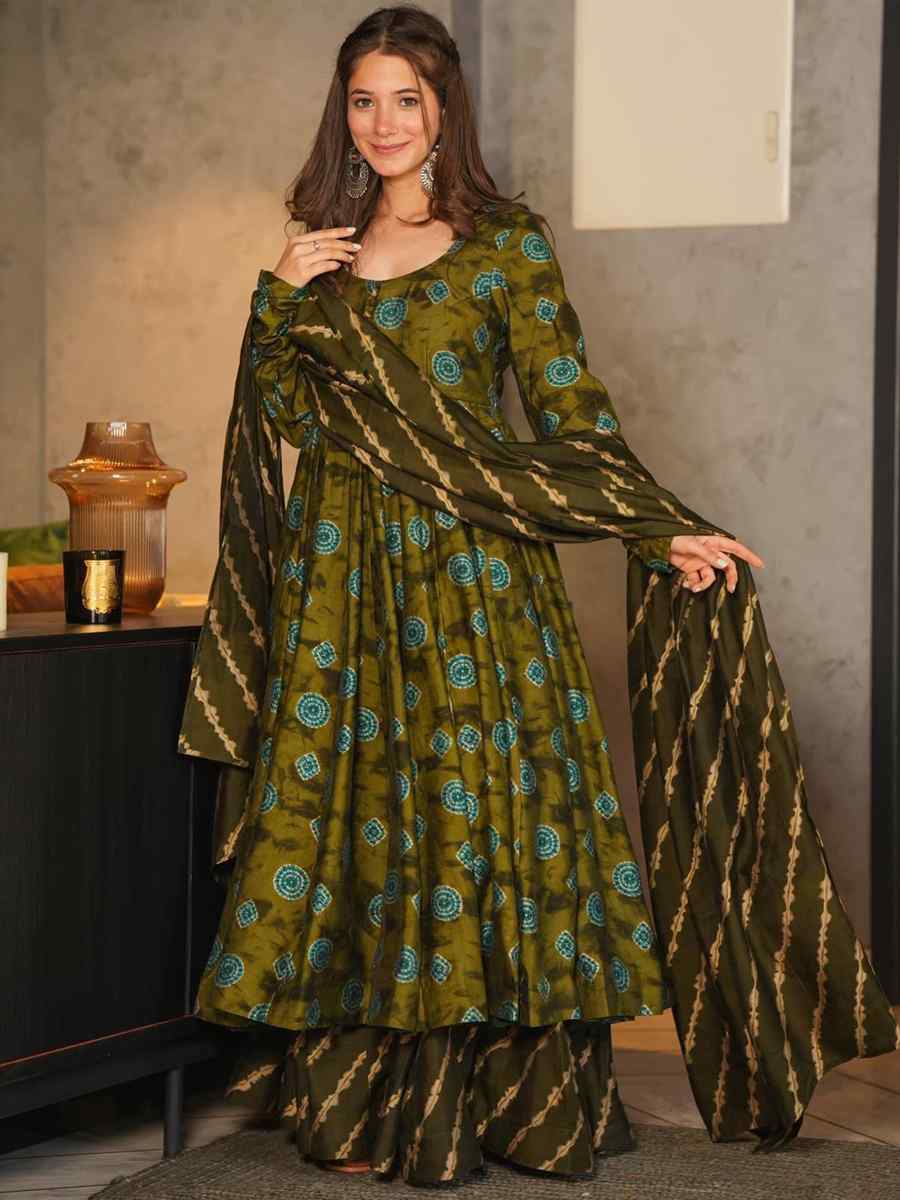 Deep Green Pure Muslin Printed Festival Casual Palazzo Pant Salwar Kameez