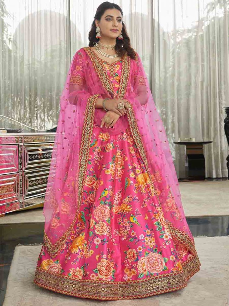 Deep Pink Art Silk Embroidered Festival Wedding Circular Lehenga Choli