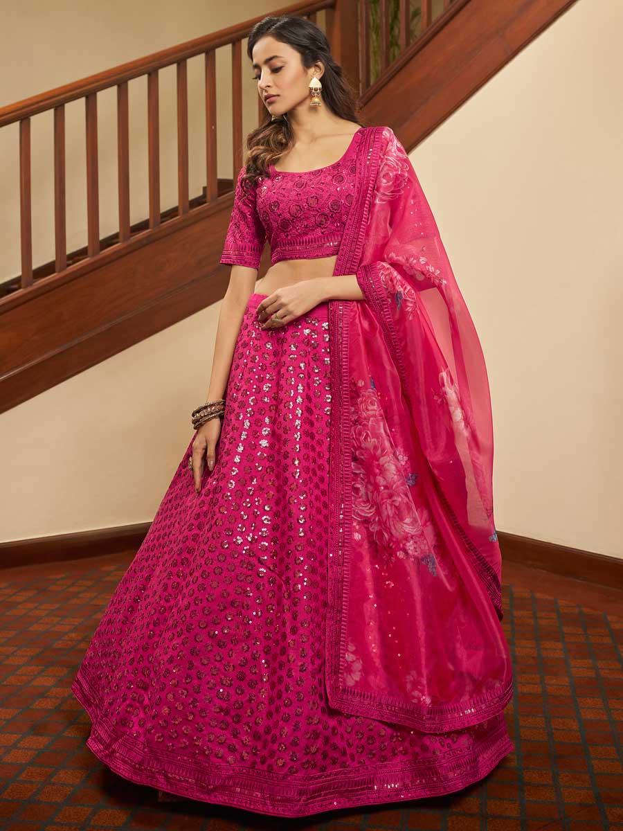 Deep Pink Art Silk Embroidered Party Lehenga Choli