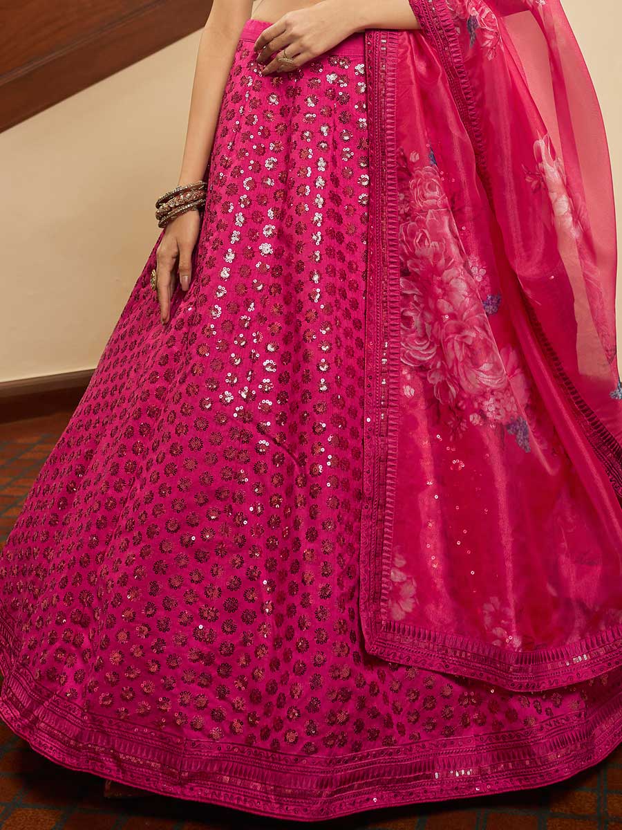 Deep Pink Art Silk Embroidered Party Lehenga Choli