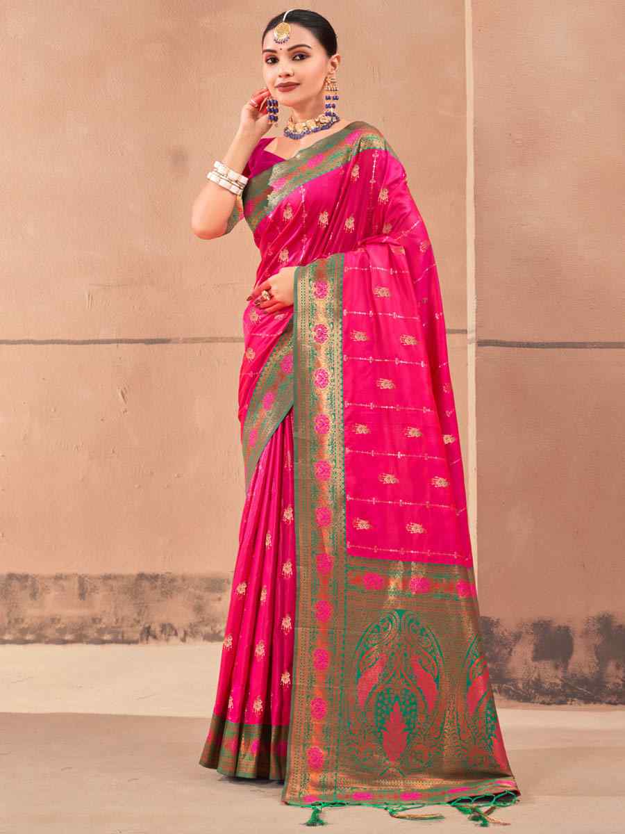Deep Pink Banarasi Silk Handwoven Wedding Festival Heavy Border Saree