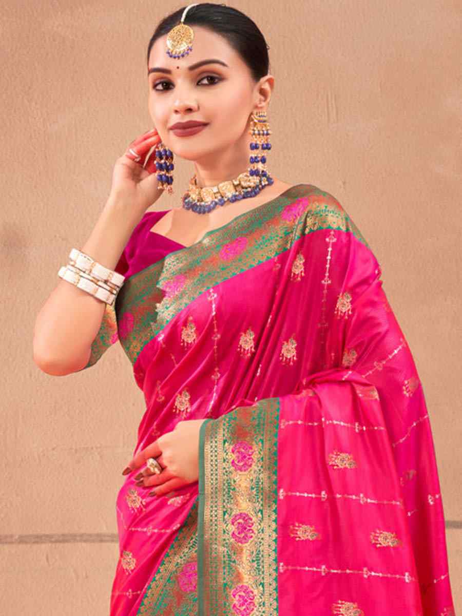 Deep Pink Banarasi Silk Handwoven Wedding Festival Heavy Border Saree