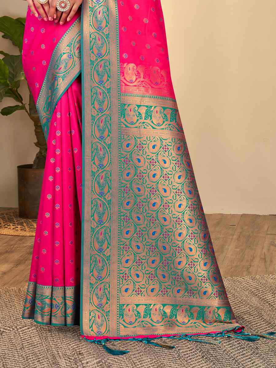 Deep Pink Banarasi Silk Handwoven Wedding Festival Heavy Border Saree