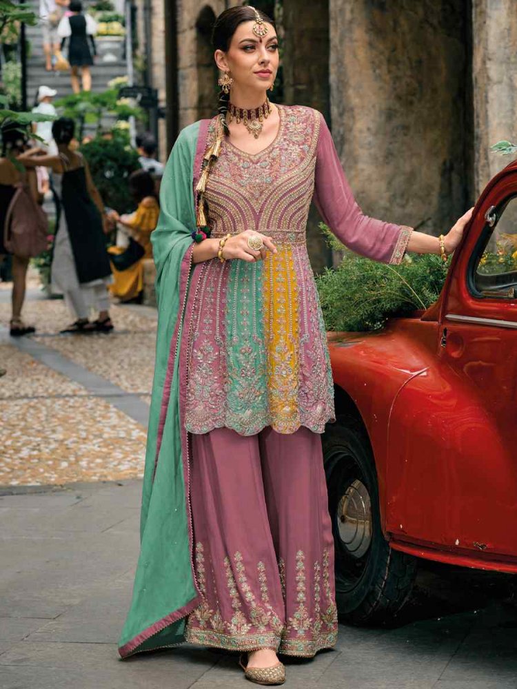 Deep Pink Chinon Embroidered Festival Mehendi Ready Palazzo Pant Salwar Kameez