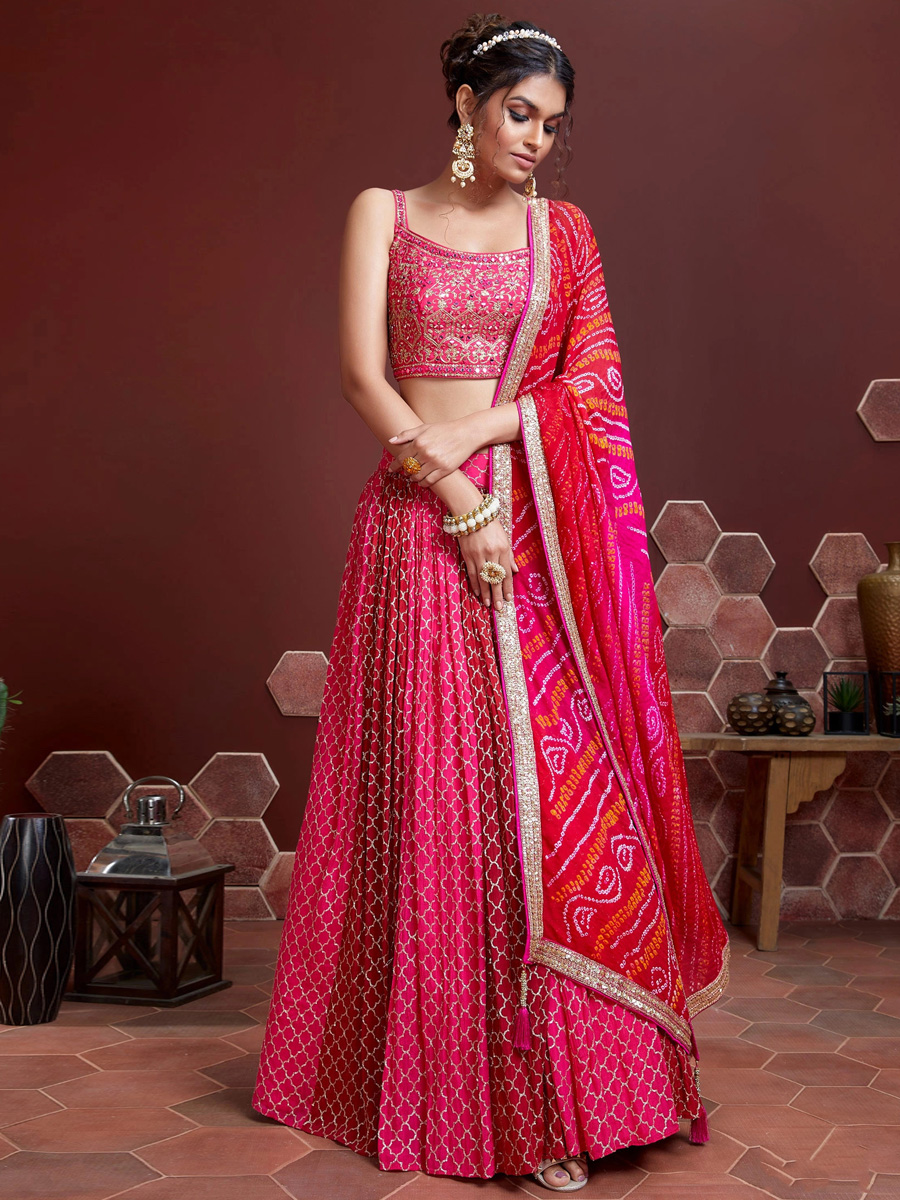 Deep Pink Chinon Silk Embroidered Party Lehenga Choli