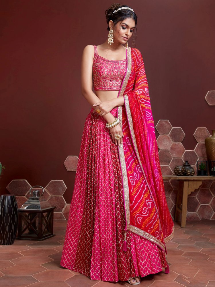 Deep Pink Chinon Silk Embroidered Party Lehenga Choli