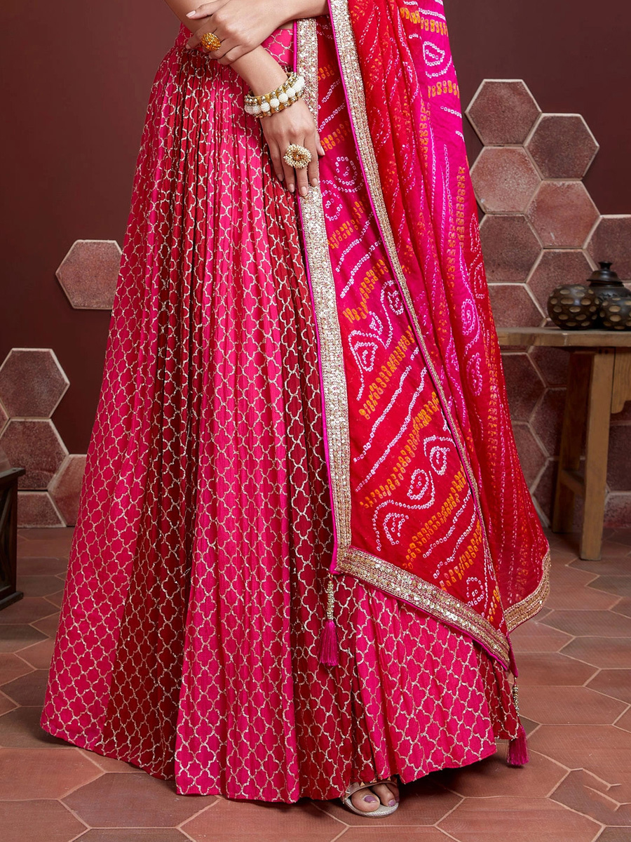 Deep Pink Chinon Silk Embroidered Party Lehenga Choli