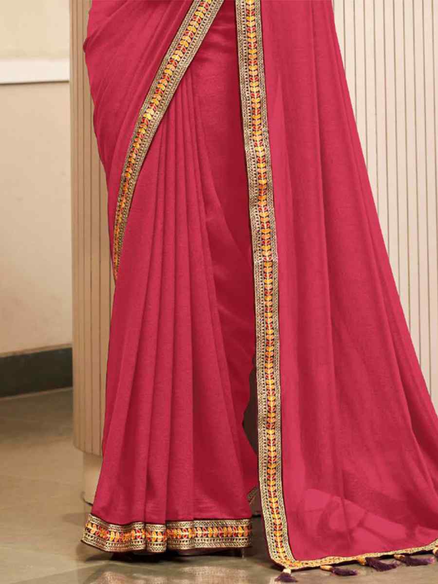 Deep Pink Fancy Vichitra Handwoven Wedding Festival Heavy Border Saree