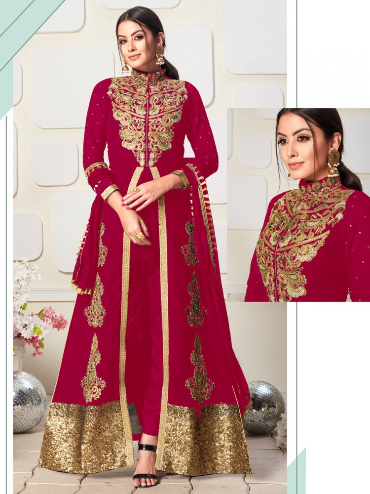 Deep Pink Faux Georgette Embroidered Party Lawn Kameez