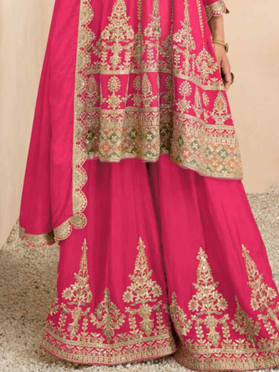 Deep Pink Heavy Chinon Embroidered Festival Wedding Palazzo Pant Salwar Kameez