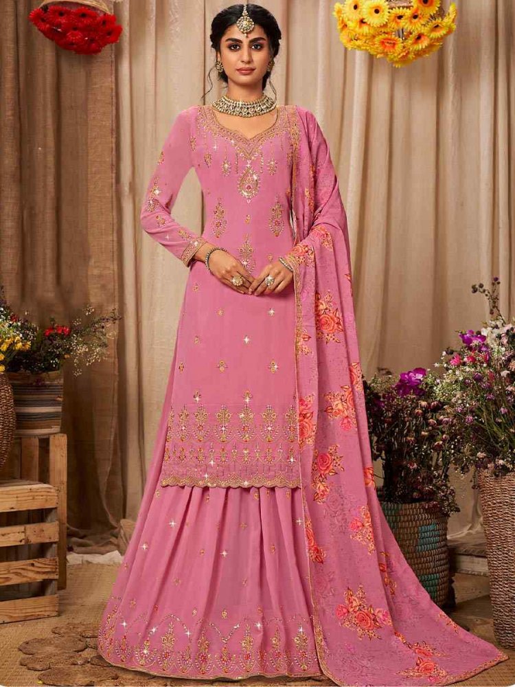 Deep Pink Heavy Faux Georgette Embroidered Bridesmaid Wedding Kurti Lehenga Choli