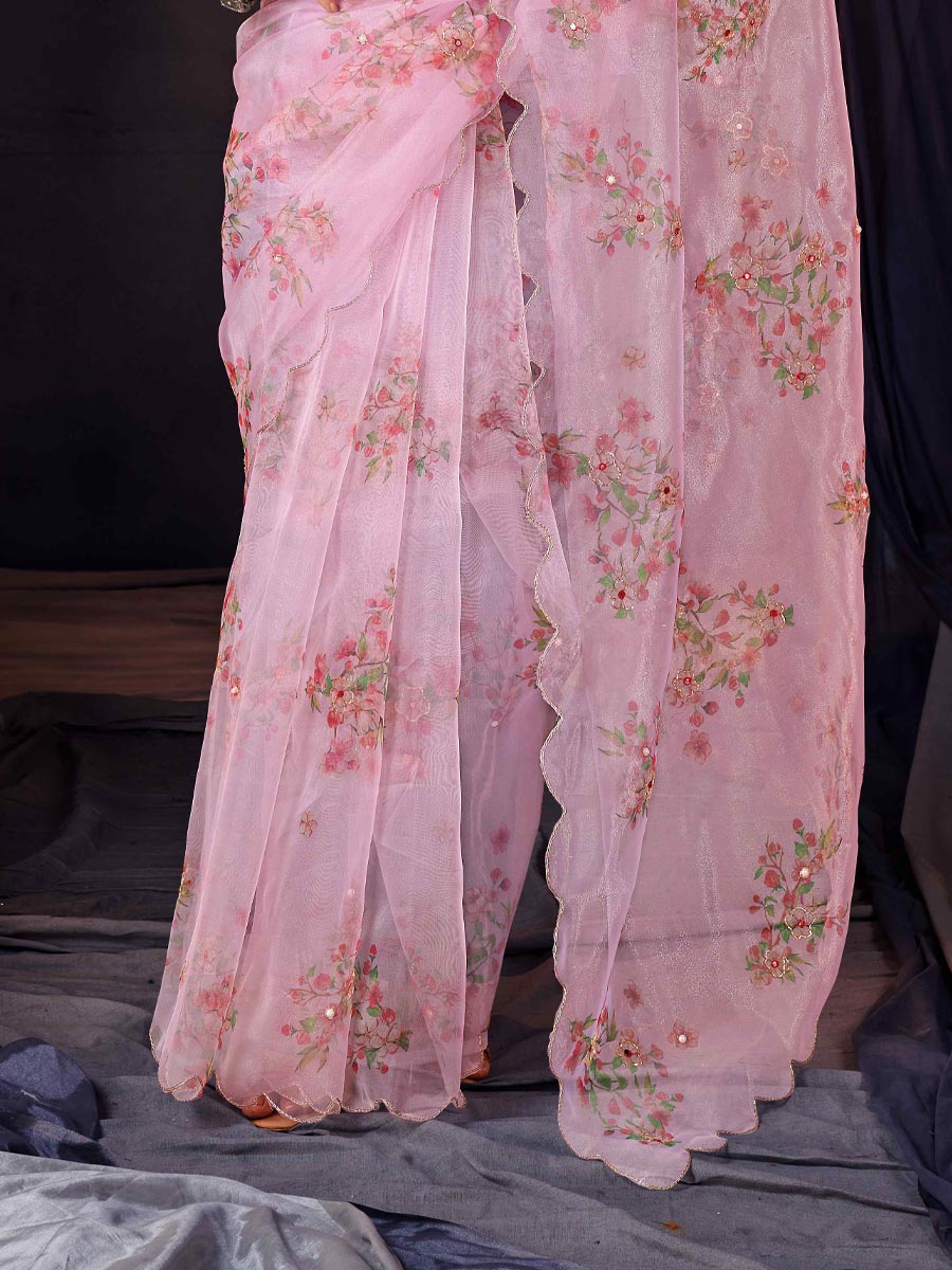 Deep Pink Organza Printed Party Festival Classic Style Saree