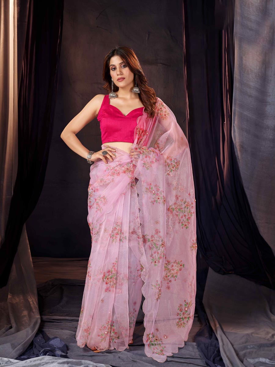 Deep Pink Organza Printed Party Festival Classic Style Saree
