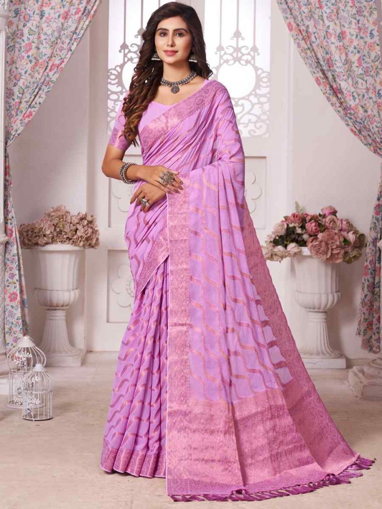 Deep Pink Pure Georgette Handwoven Wedding Festival Heavy Border Saree