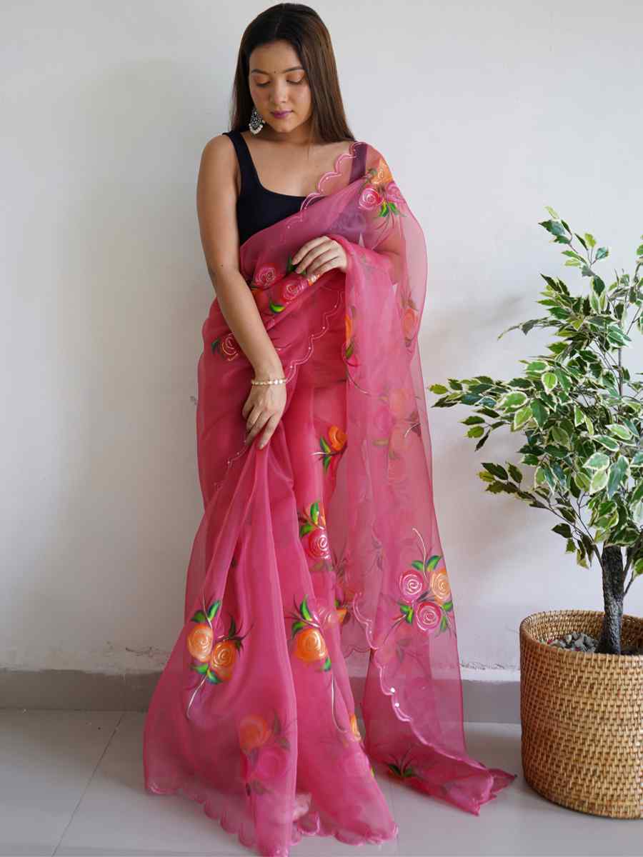 Deep Pink Satin Banglori Handwoven Party Festival Classic Style Saree