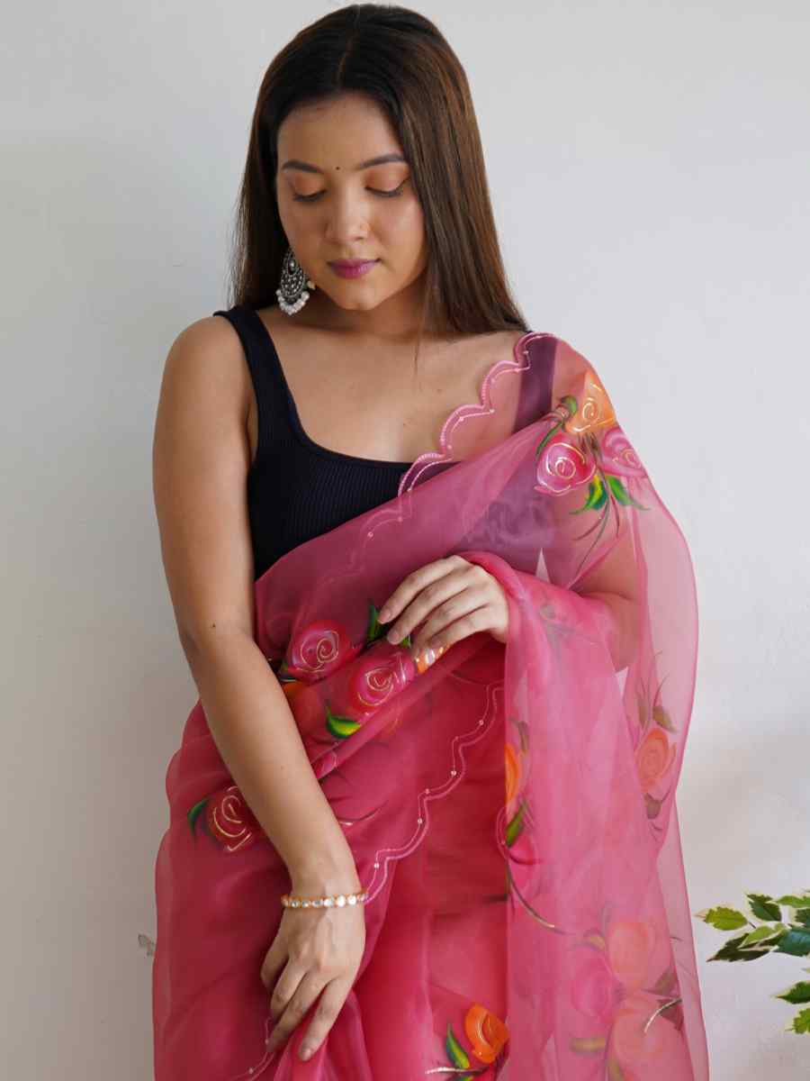 Deep Pink Satin Banglori Handwoven Party Festival Classic Style Saree
