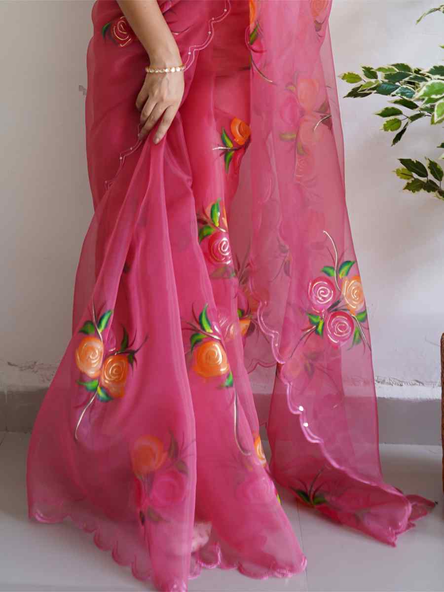 Deep Pink Satin Banglori Handwoven Party Festival Classic Style Saree
