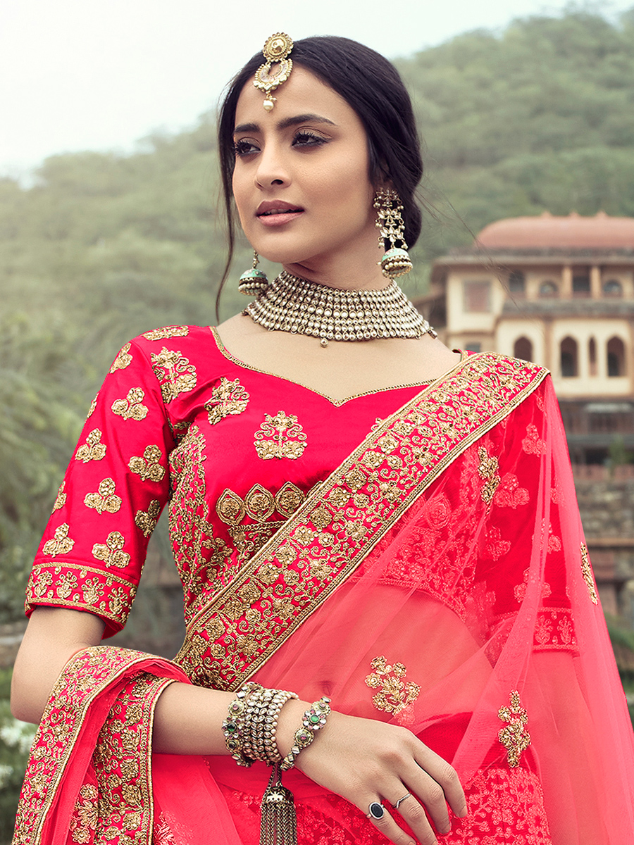 Deep Pink Satin Embroidered Bridal Lehenga Choli