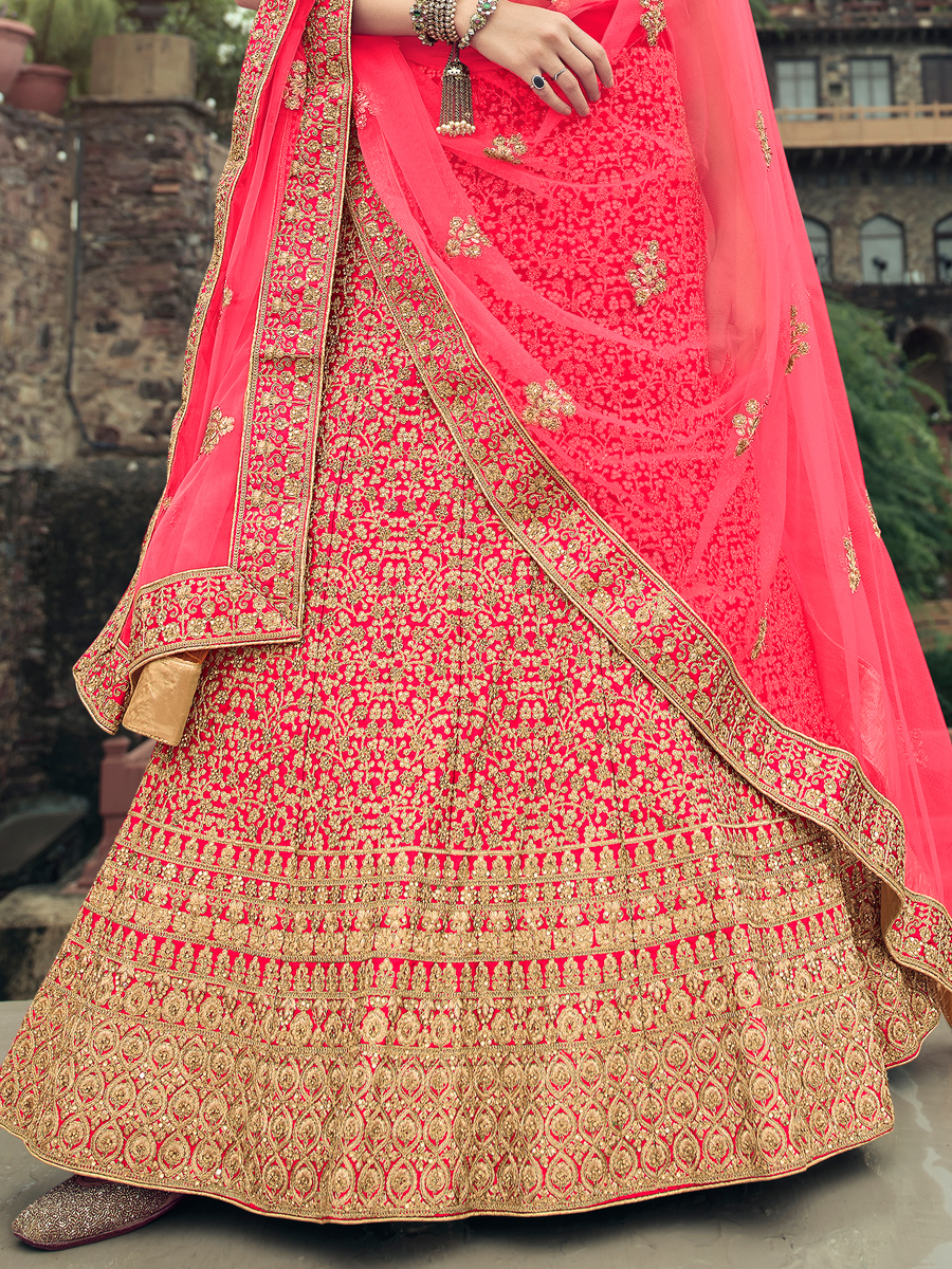 Deep Pink Satin Embroidered Bridal Lehenga Choli