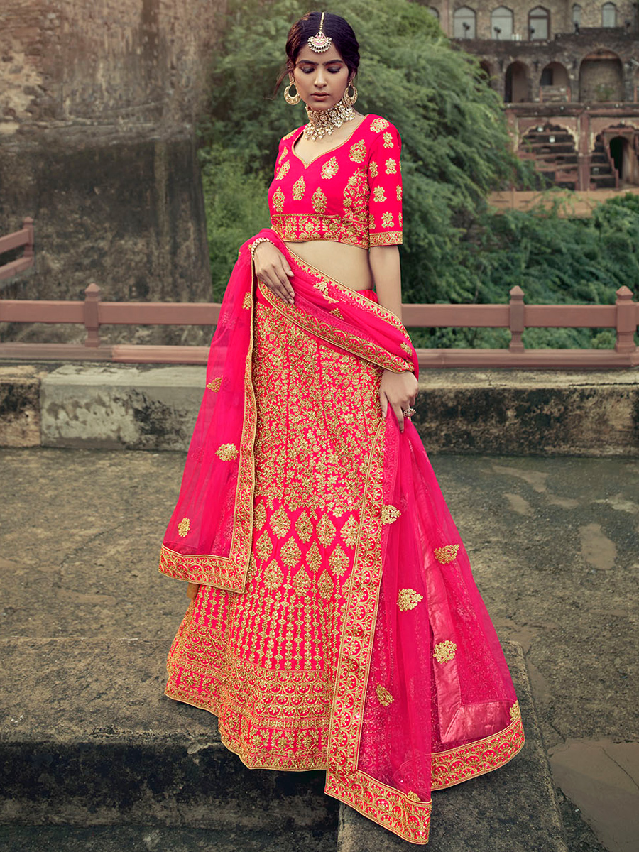 Deep Pink Satin Embroidered Bridal Lehenga Choli