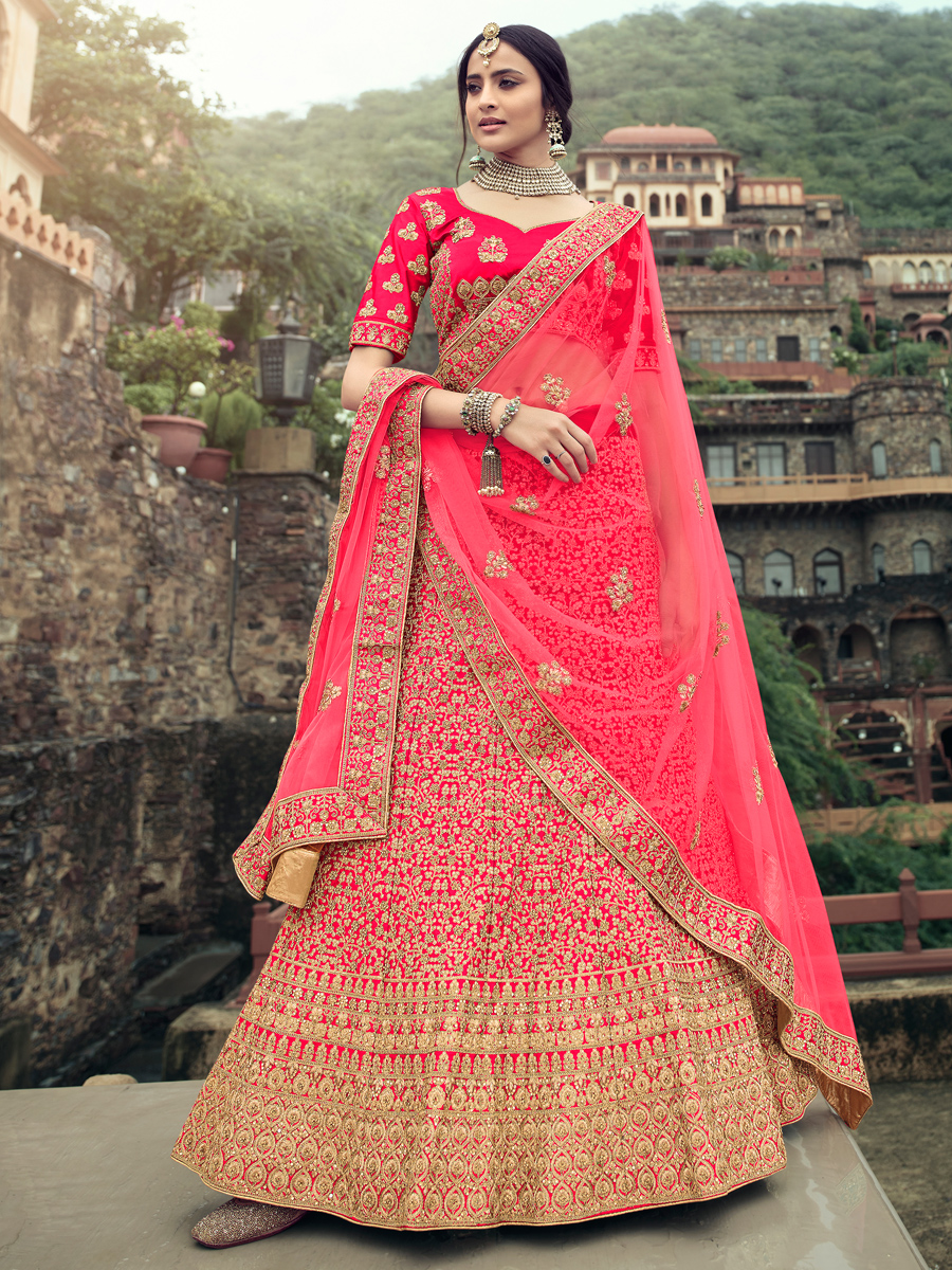 Deep Pink Satin Embroidered Bridal Lehenga Choli