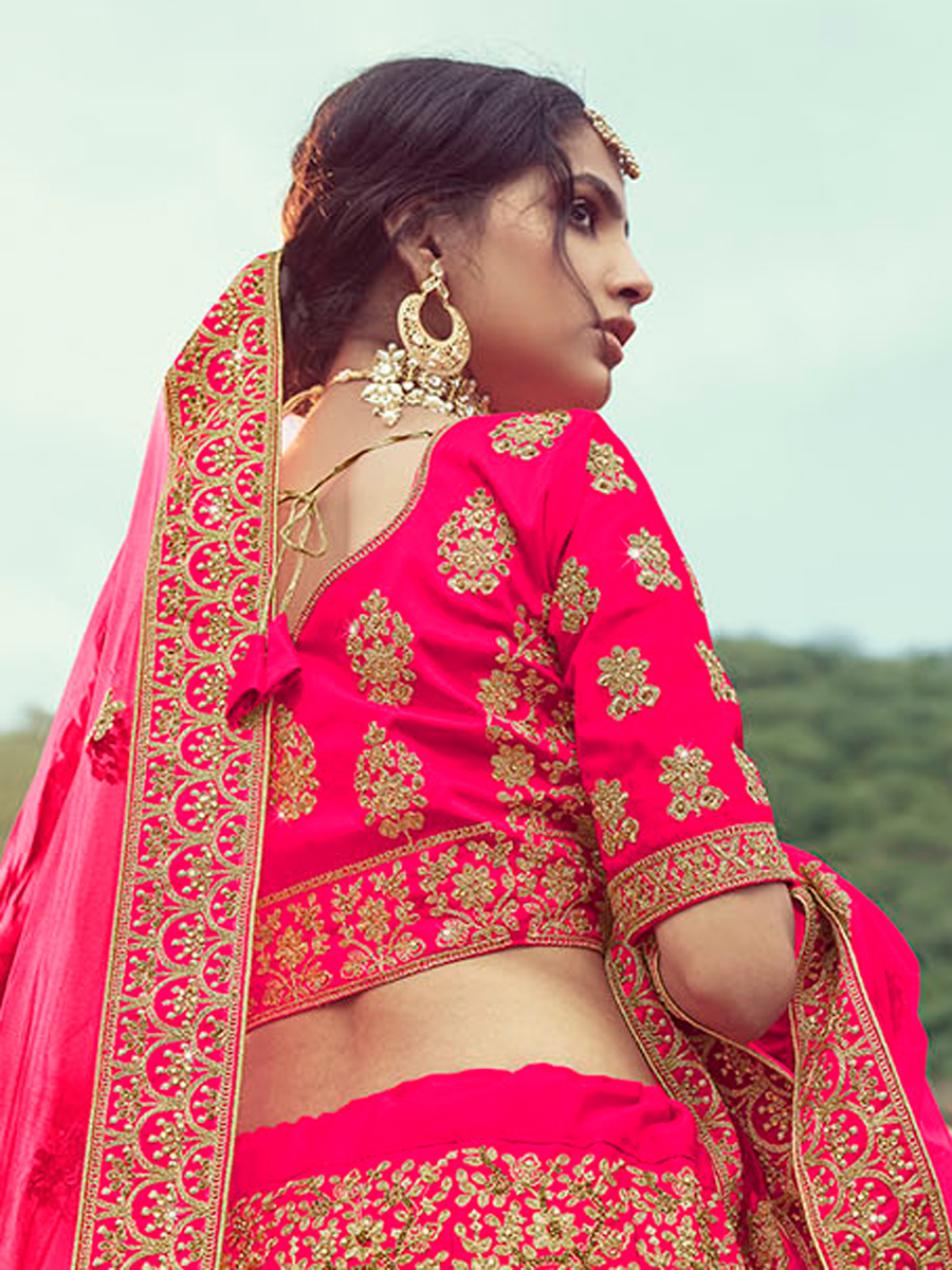 Deep Pink Satin Embroidered Bridal Lehenga Choli